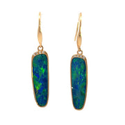 14K Yellow Gold Australian Opal Doublet and Diamond Dangle Earrings